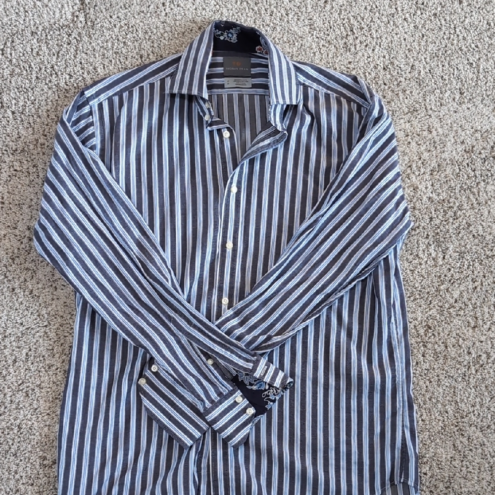 Thomas Dean Navy and White Striped Shirt